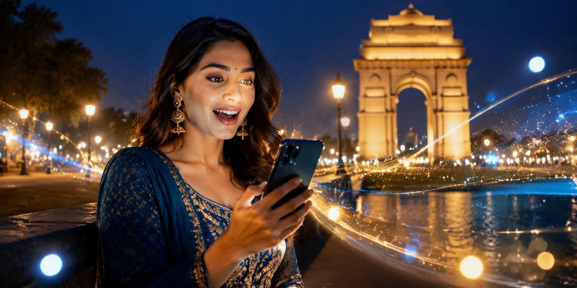 User making deposit via phone app near Delhi’s India Gate