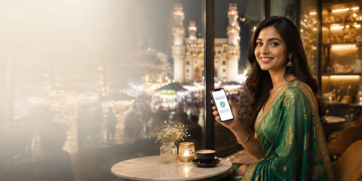 Indian woman using mobile payment on smartphone in saree